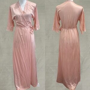 VTG 70s Gilead Peach Pink Satin Lace Trim Satin Robe Small Made in USA Coquette